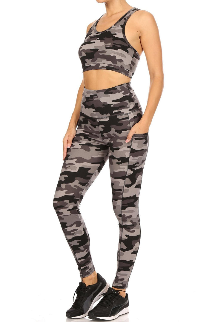 2 Piece Charcoal Camouflage Crop Top and Legging Set