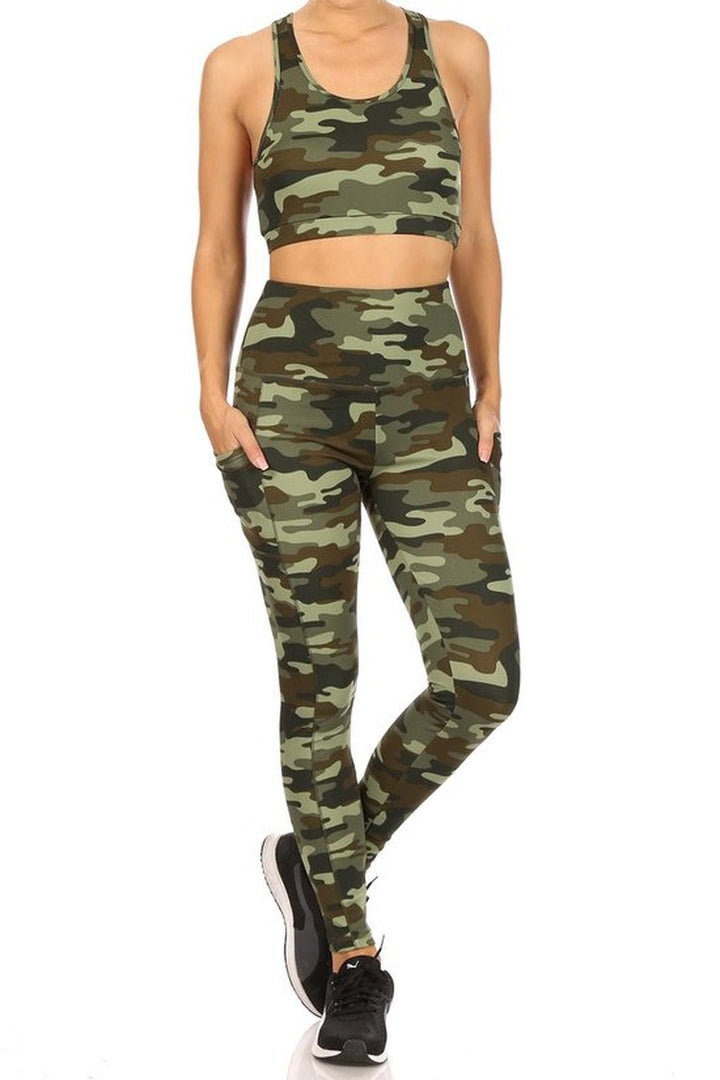 2 Piece Green Camouflage Crop Top and Legging Set
