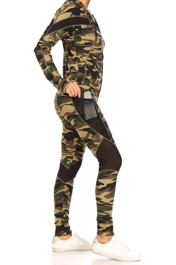 3 Piece Green Camouflage Mesh Mix Leggings Crop Top and Hooded Jacket Set