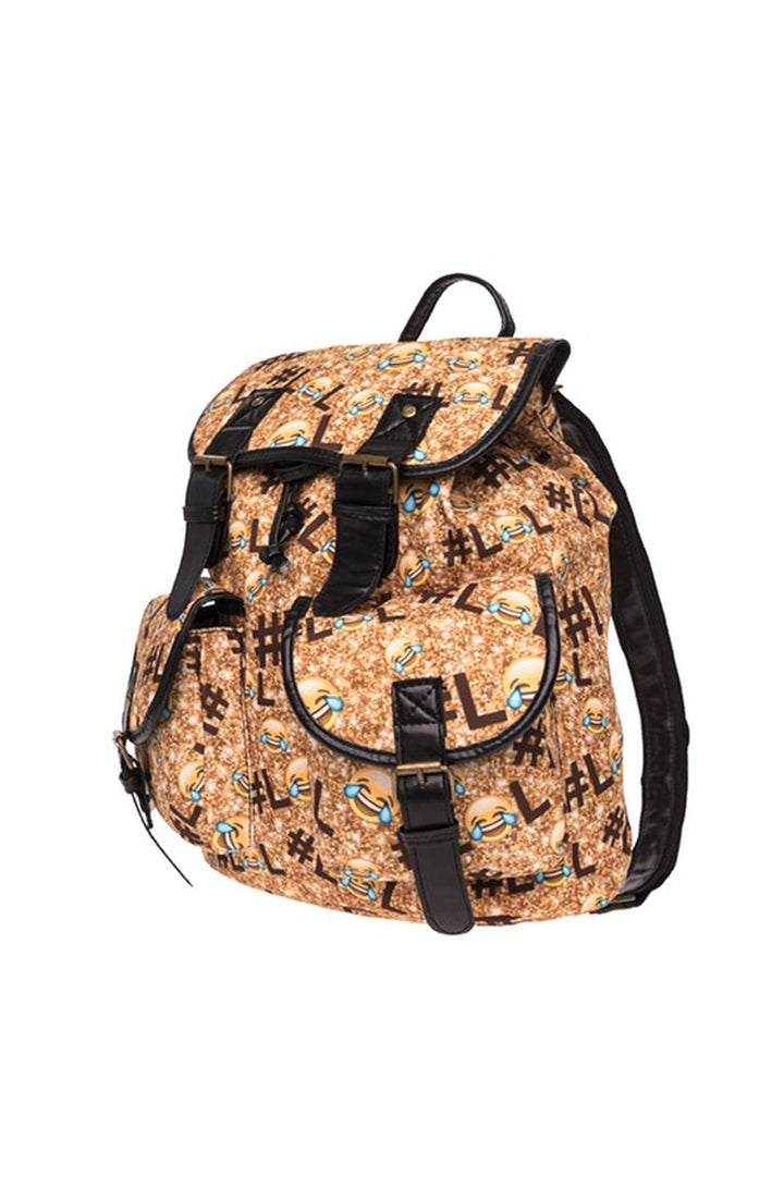 LOL Emoji Sparkle Graphic Print Buckle Flap Backpack (One Size Regular,Gold)