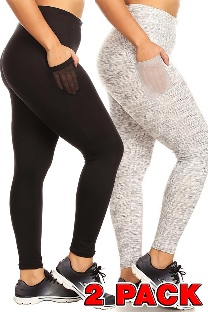 Buttery Smooth Sport Basic Leggings - Plus Size - 1XL 2XL 3XL with Side Pockets - 2 Pack