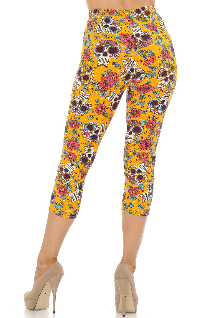 Buttery Soft Mustard Summer Sugar Skull Capris (One Size Regular,Yellow)