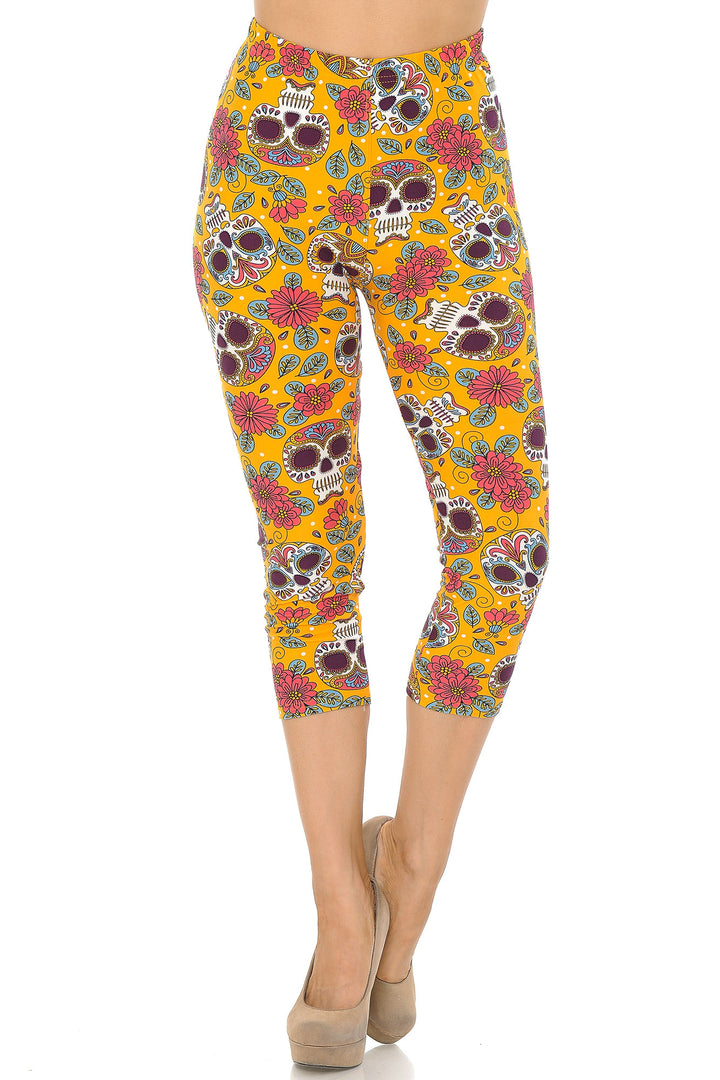 Buttery Soft Mustard Summer Sugar Skull Capris (One Size Regular,Yellow)
