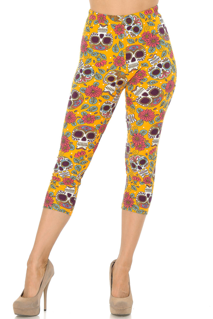 Buttery Soft Mustard Summer Sugar Skull Capris (One Size Regular,Yellow)
