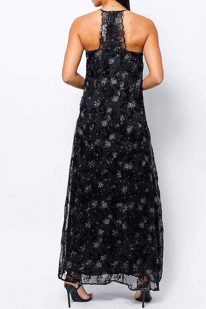 Black Floral Burnout Maxi Dress with Lace Accented T Back