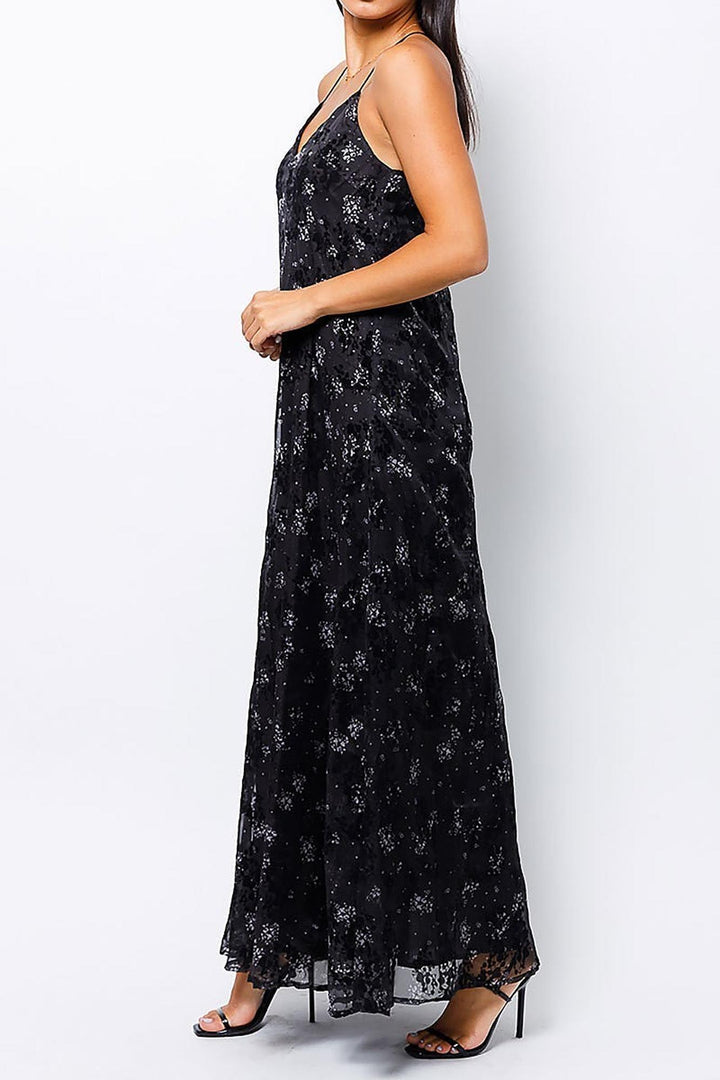 Black Floral Burnout Maxi Dress with Lace Accented T Back