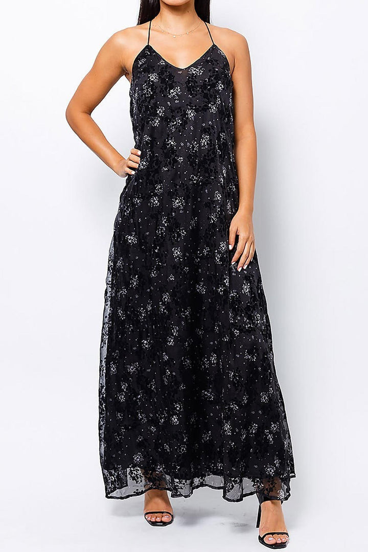 Black Floral Burnout Maxi Dress with Lace Accented T Back