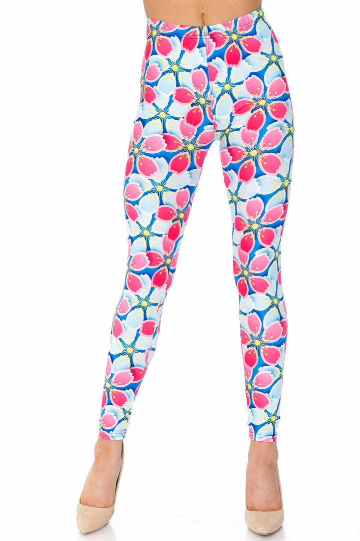 Creamy Soft Premium Women's Leggings Pink and Blue Sunshine Floral Regular Size, High Rise, Stretchy & Comfortable Fit - by USA Fashion