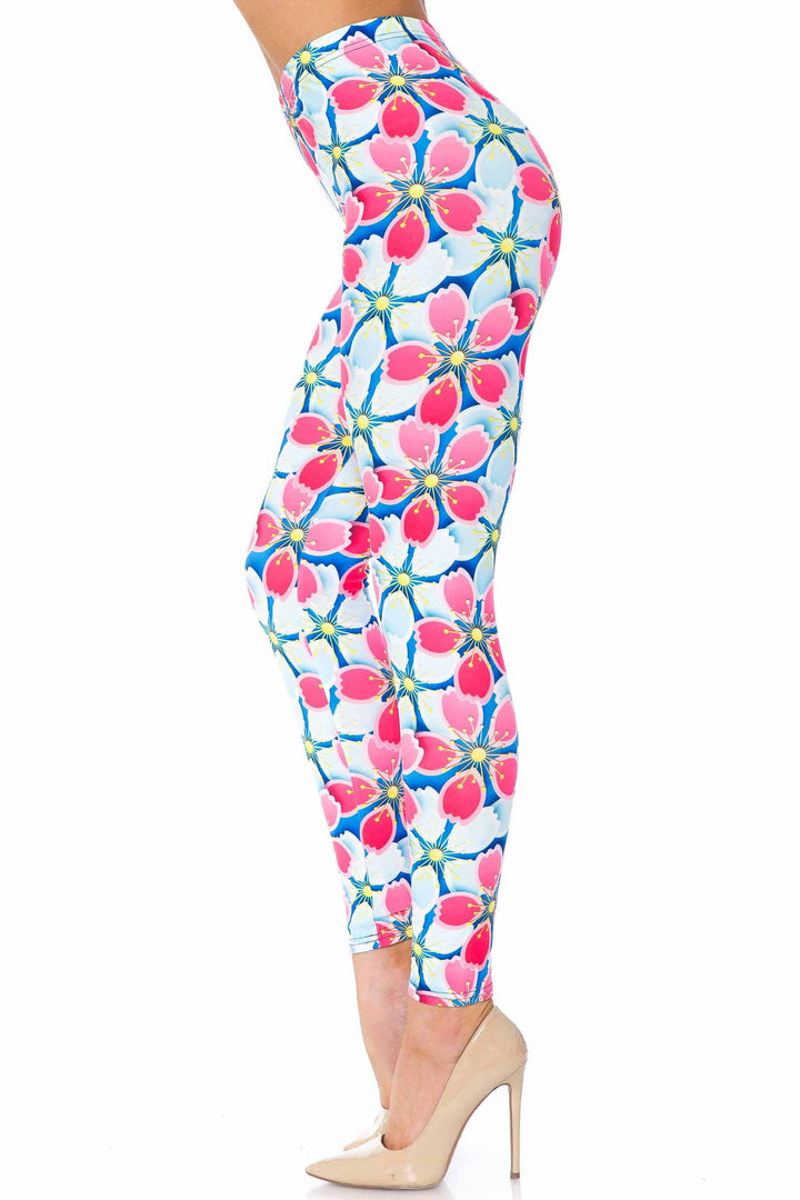 Creamy Soft Premium Women's Leggings Pink and Blue Sunshine Floral Regular Size, High Rise, Stretchy & Comfortable Fit - by USA Fashion