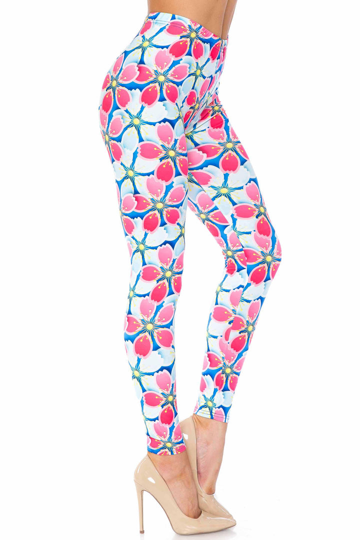 Creamy Soft Premium Women's Leggings Pink and Blue Sunshine Floral Regular Size, High Rise, Stretchy & Comfortable Fit - by USA Fashion