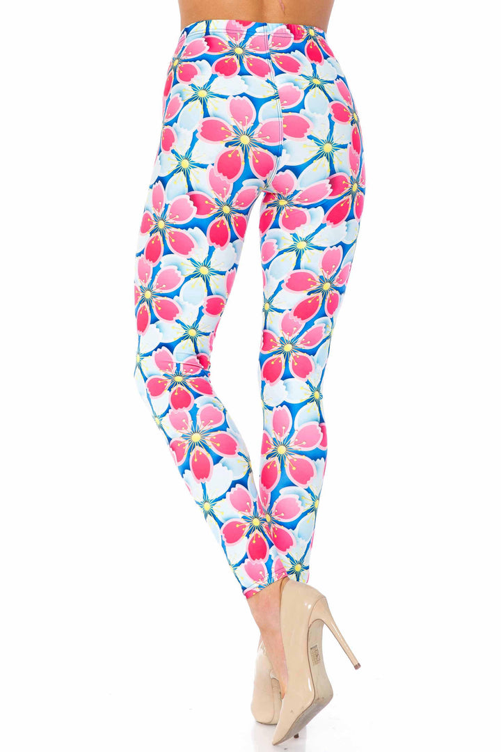 Creamy Soft Premium Women's Leggings Pink and Blue Sunshine Floral Regular Size, High Rise, Stretchy & Comfortable Fit - by USA Fashion