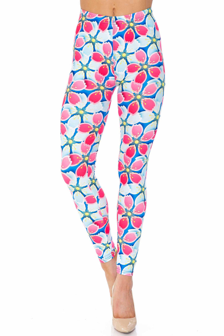 Creamy Soft Premium Women's Leggings Pink and Blue Sunshine Floral Regular Size, High Rise, Stretchy & Comfortable Fit - by USA Fashion