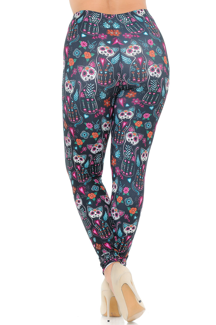 Creamy Soft Leggings Premium Women's Sugar Skull Kitty CatsExtra Plus, High Rise, Stretchy, Comfortable, 3X-5X Leggings - by USA Fashion