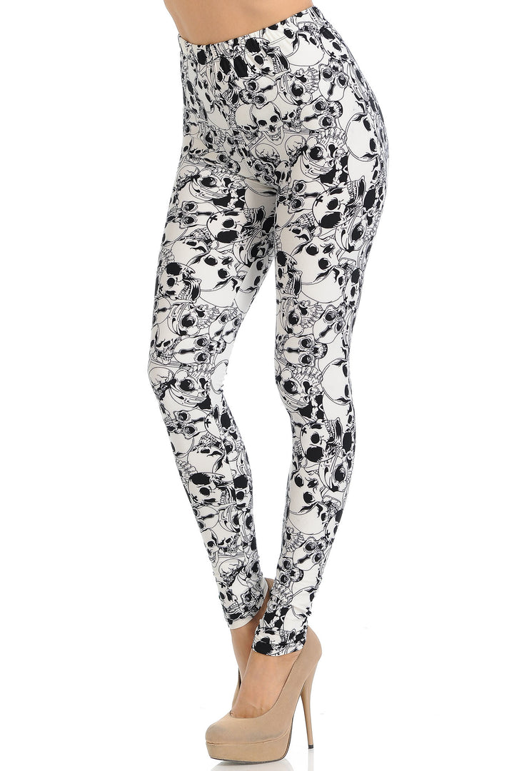 Buttery Soft White Layers of Skulls Leggings (One Size Regular,White)