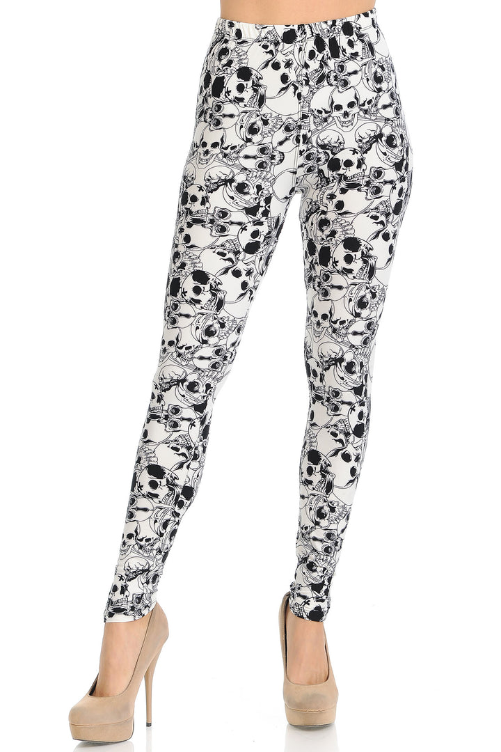 Buttery Soft White Layers of Skulls Leggings (One Size Regular,White)