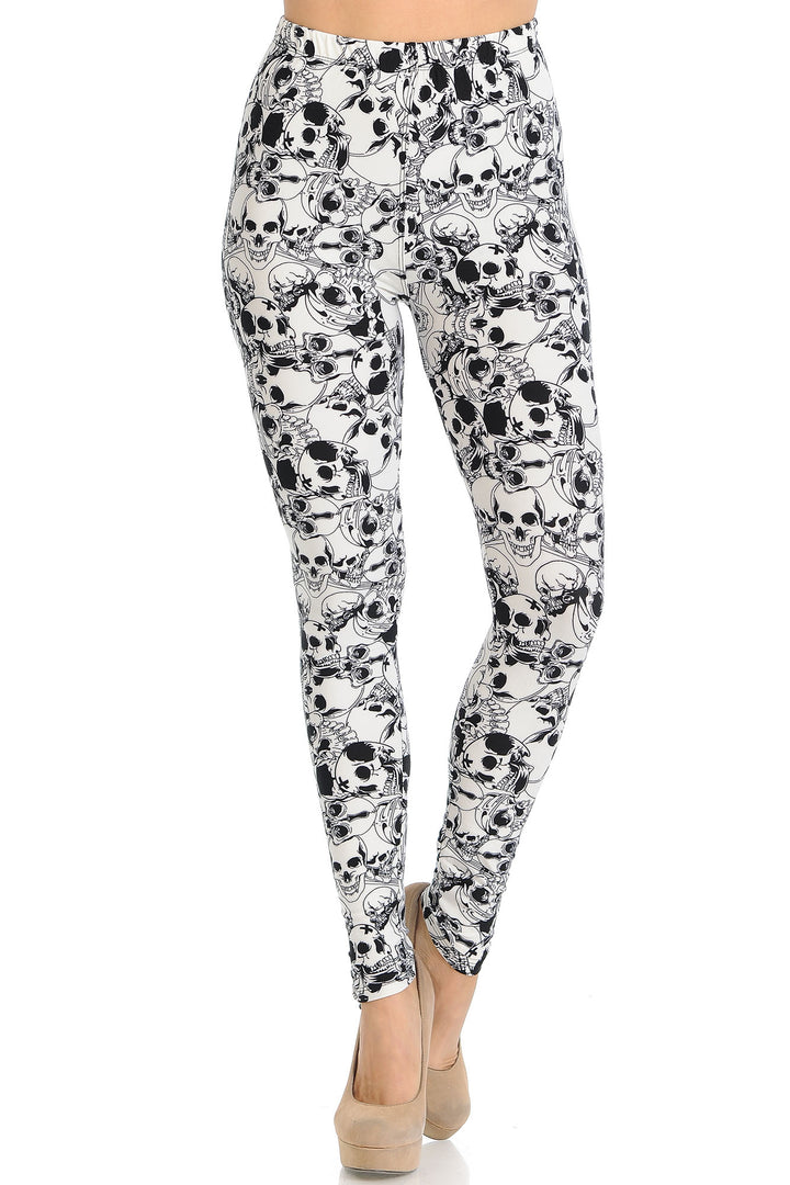 Buttery Soft White Layers of Skulls Leggings (One Size Regular,White)