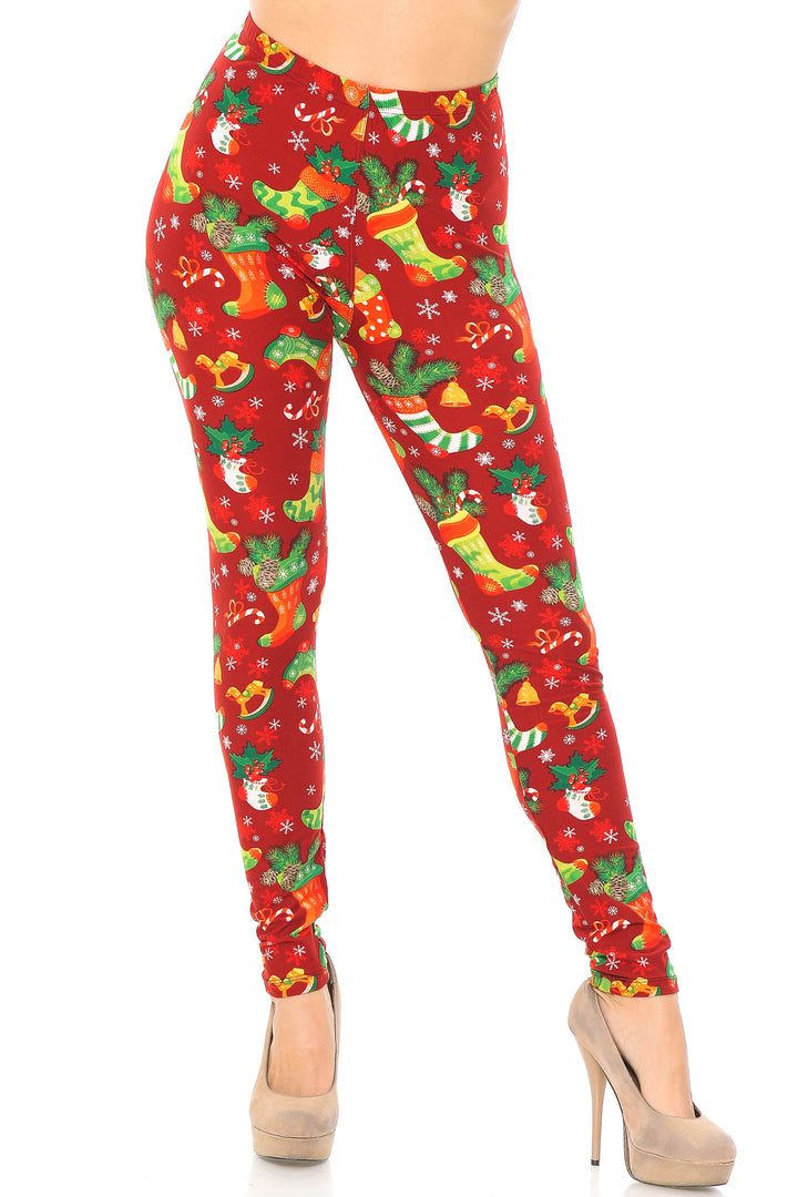 Buttery Soft Ruby Red Christmas Stocking Leggings (One Size Regular,Red)