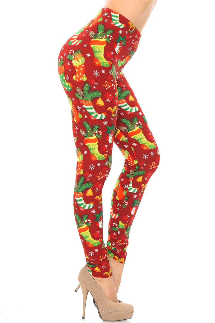 Buttery Soft Ruby Red Christmas Stocking Leggings (One Size Regular,Red)