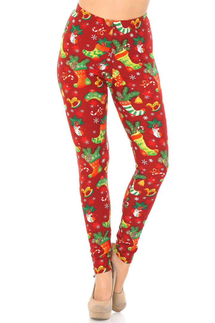 Buttery Soft Ruby Red Christmas Stocking Leggings (One Size Regular,Red)