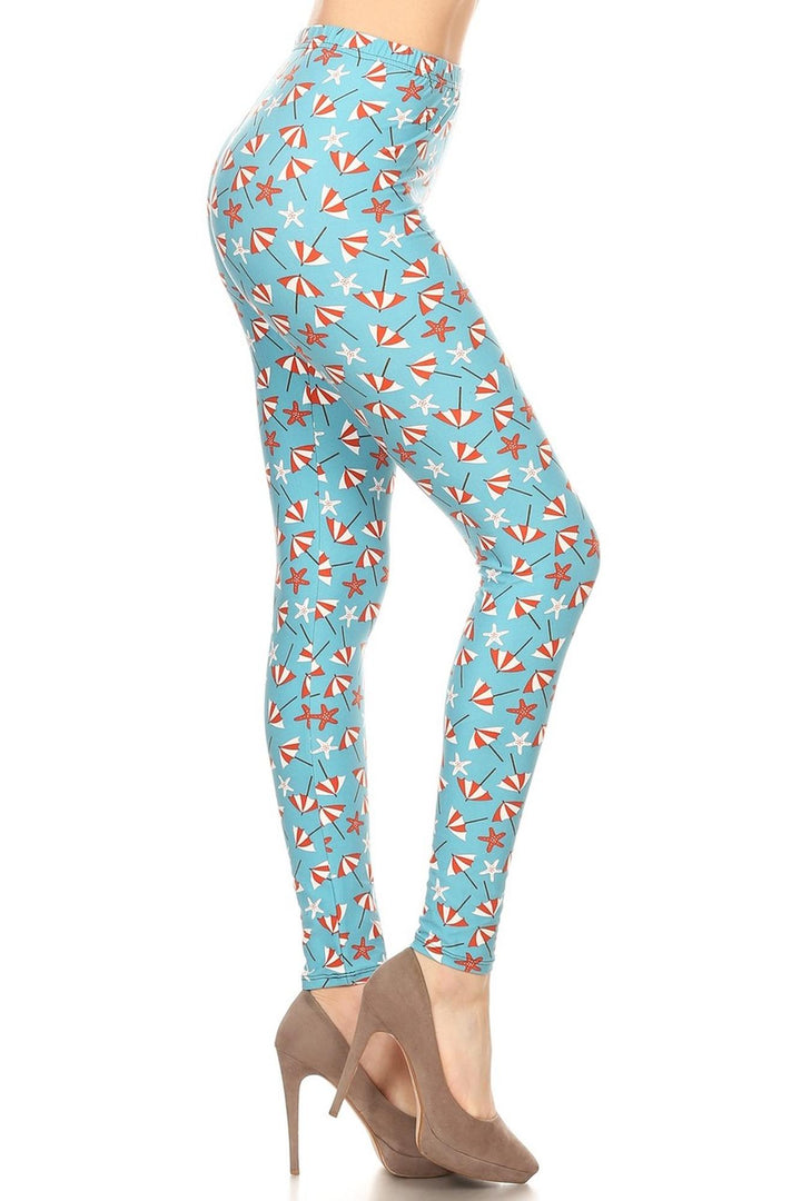 Buttery Soft Umbrellas and Starfish Plus Size Leggings (One Size Plus,Blue)