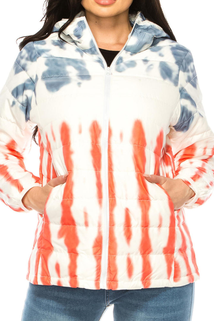 Women's Red White & Blue Daub Winter Puffer Down Jacket (One Size Regular,Red)