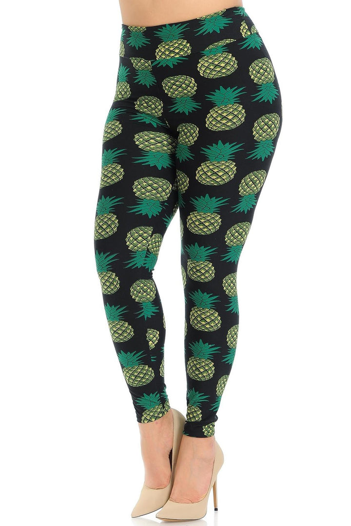 Buttery Smooth Green Pineapple High Waisted Leggings - Plus Size - 1XL 2XL 3XL - EEVEE