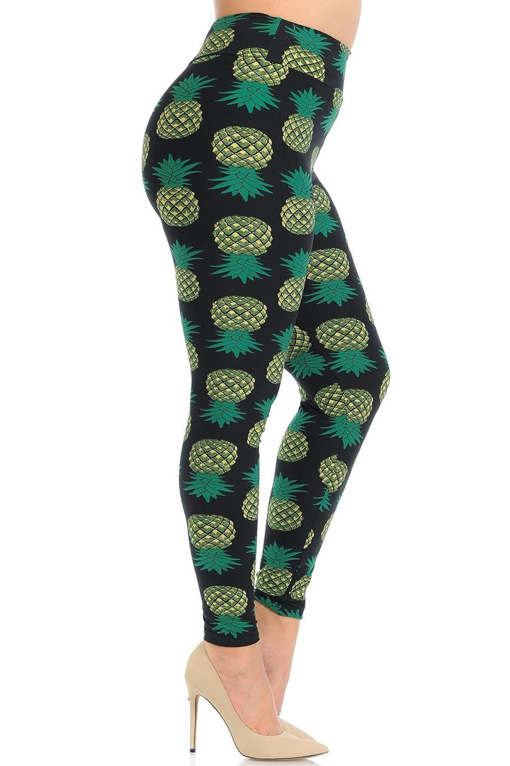 Buttery Smooth Green Pineapple High Waisted Leggings - Plus Size - 1XL 2XL 3XL - EEVEE