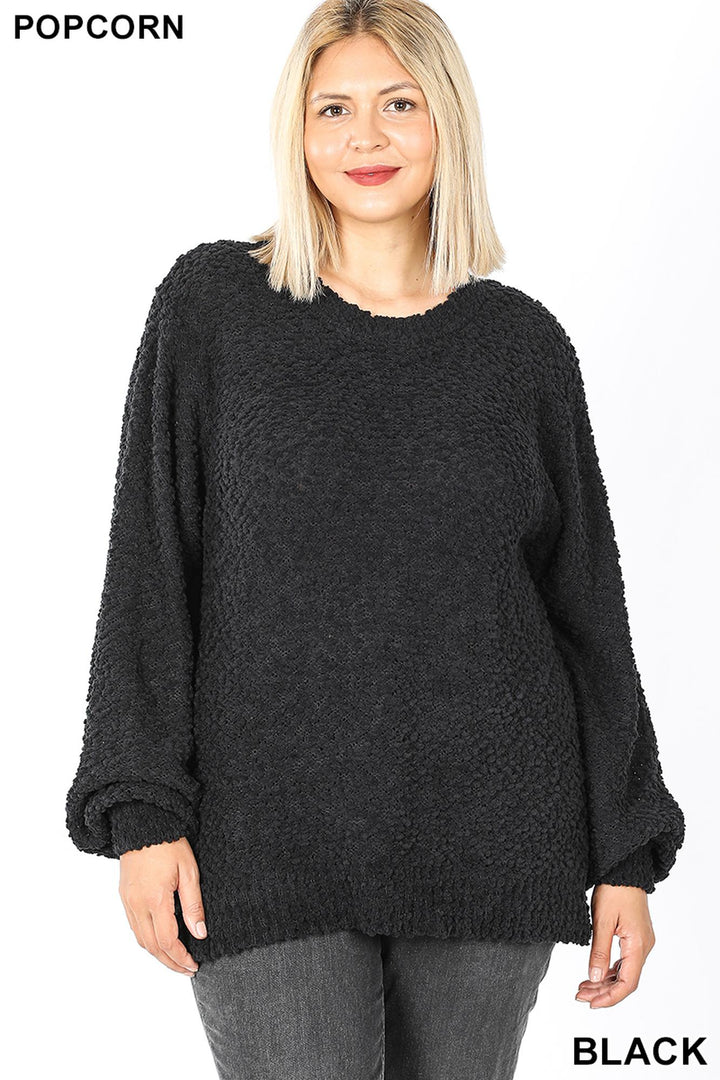 Popcorn Balloon Sleeve Round Neck Pullover Sweater - Plus Size - 1XL 2XL 3XL
