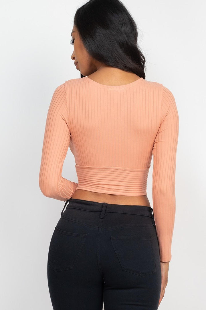 Long Sleeve Ribbed Wrap Front Crop Top