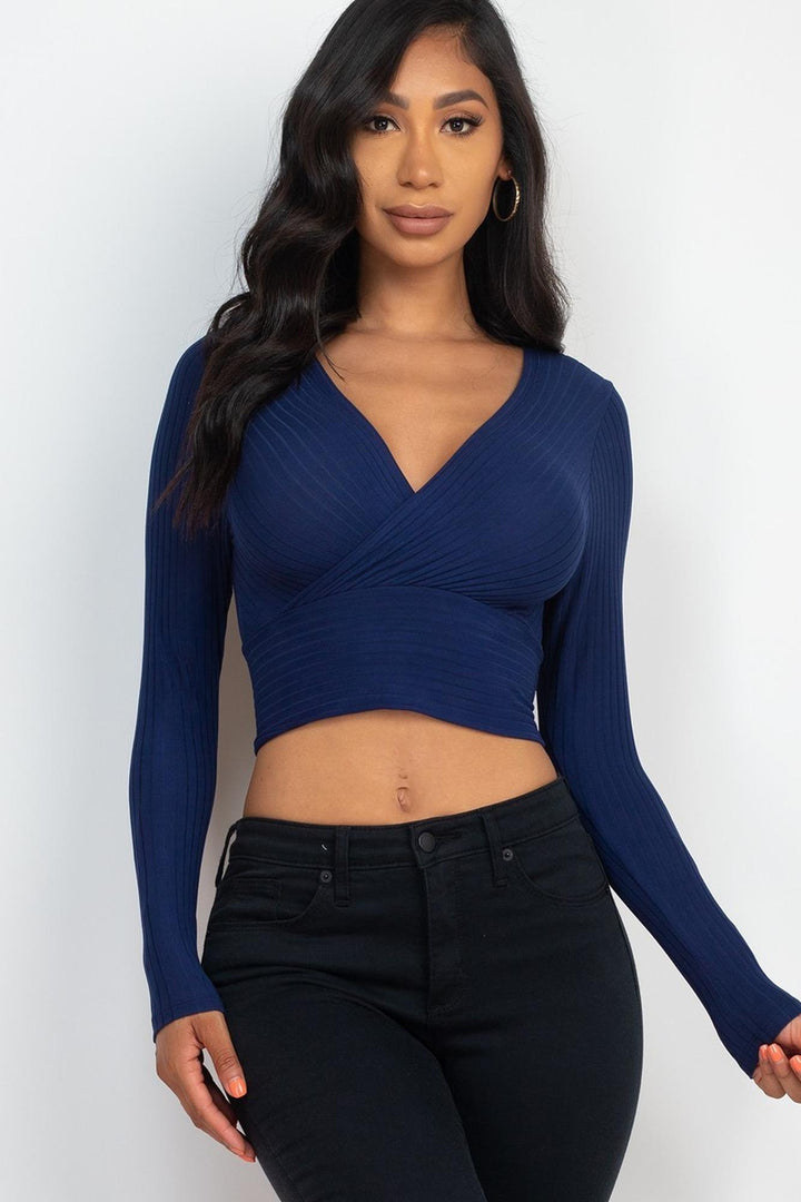 Long Sleeve Ribbed Wrap Front Crop Top