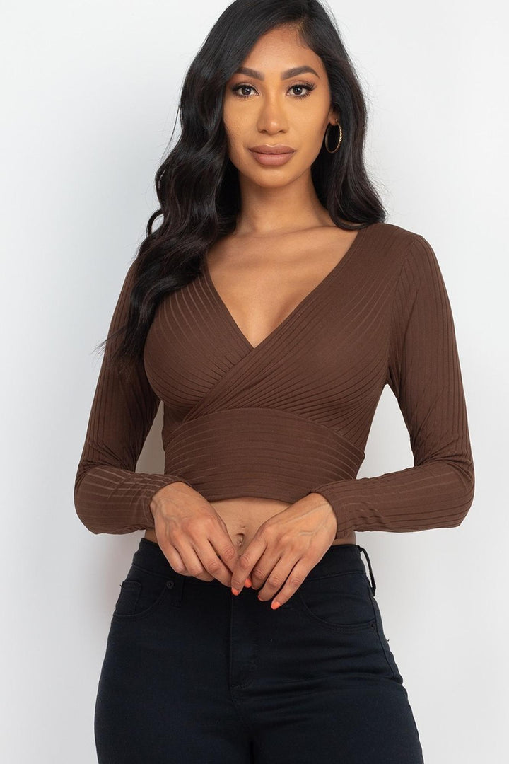 Long Sleeve Ribbed Wrap Front Crop Top