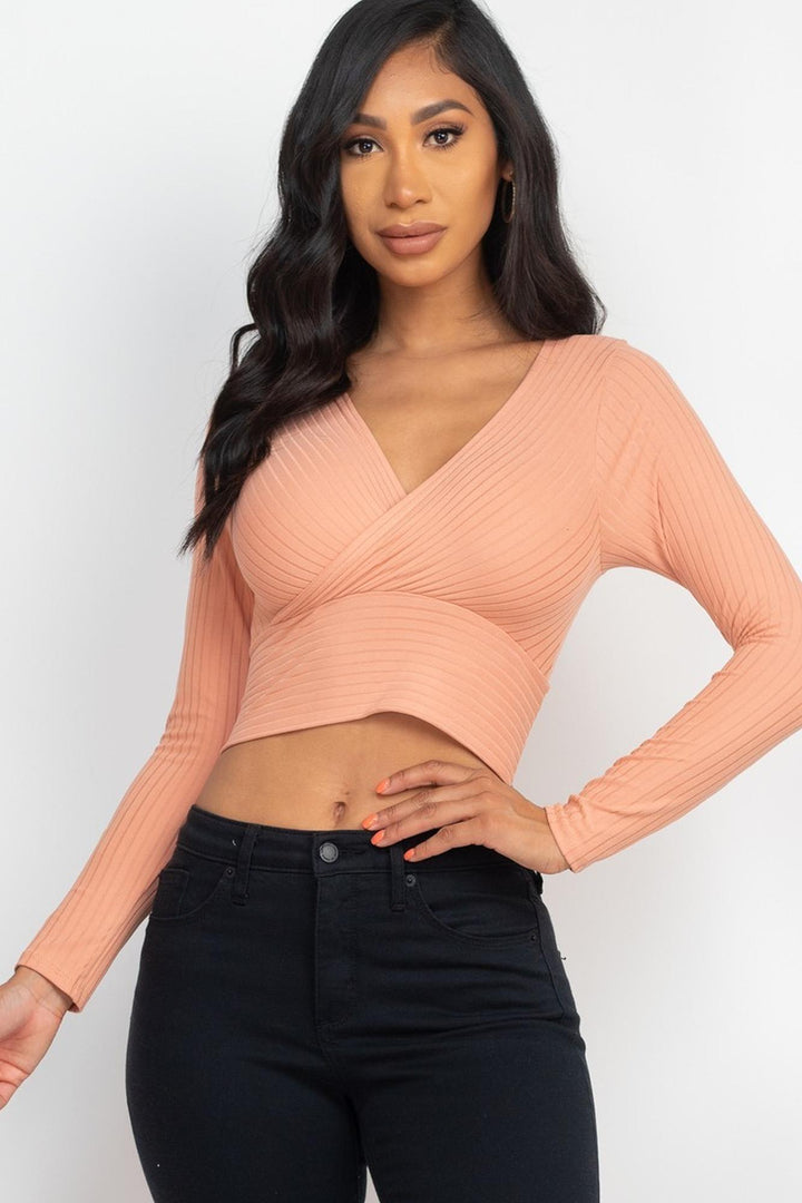 Long Sleeve Ribbed Wrap Front Crop Top
