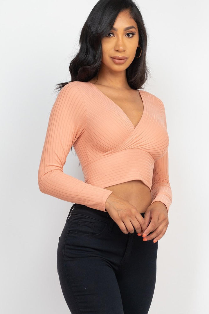 Long Sleeve Ribbed Wrap Front Crop Top