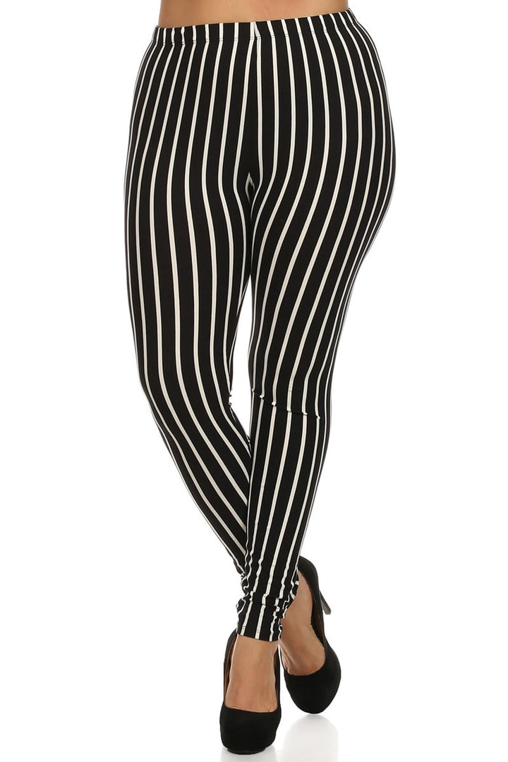 Plus Size - Buttery Soft Vertical Black Pinstripe Print Leggings