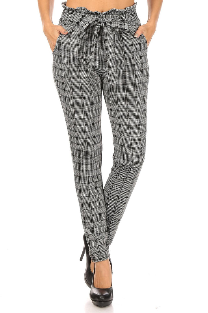 Glen Plaid High Waisted Paper Bag Tie Front Pants
