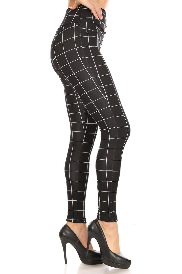Black and White Grid Print High Waisted Treggings with Button Front