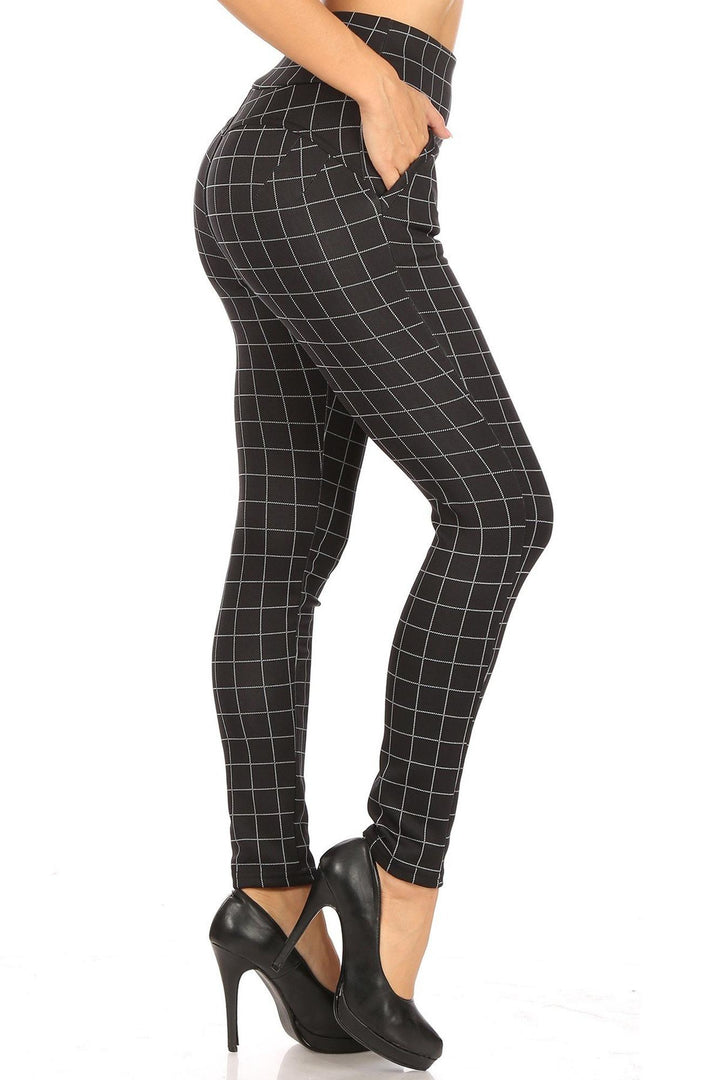 Black and White Grid Print High Waisted Body Sculpting Treggings with Pockets