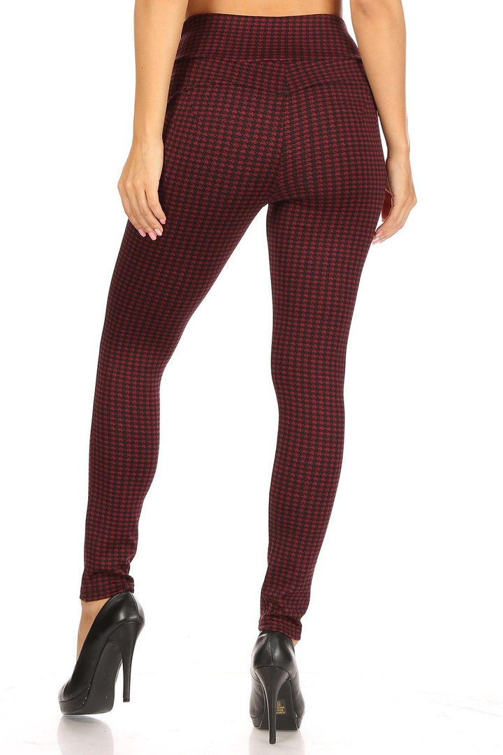 Burgundy Houndstooth High Waisted Body Sculpting Treggings with Pockets