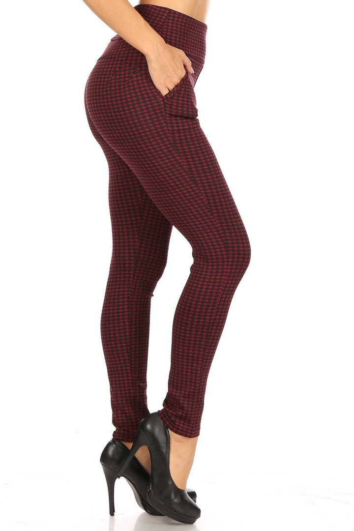 Burgundy Houndstooth High Waisted Body Sculpting Treggings with Pockets
