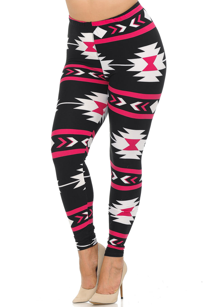Plus Size - Buttery Soft Magenta Aztec Tribal Print Leggings