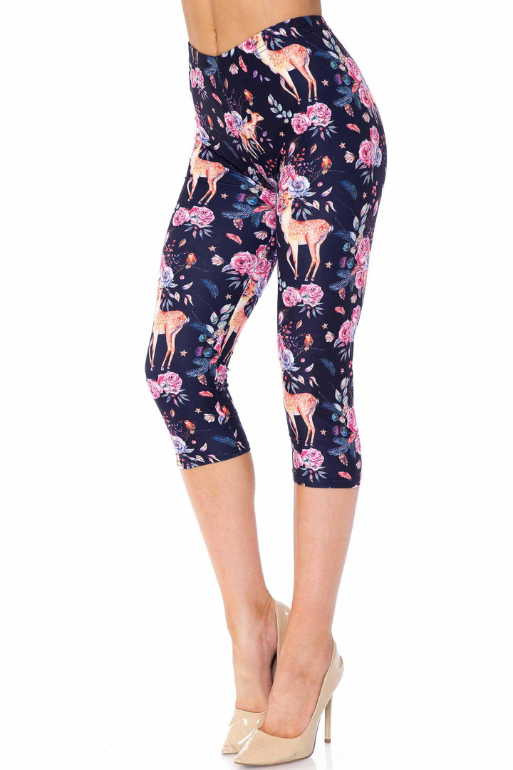 Creamy Soft Plus Size Women's Laser Print Woodland Floral Fawn Luxe Capris - 1XL - 2XL - 3XL