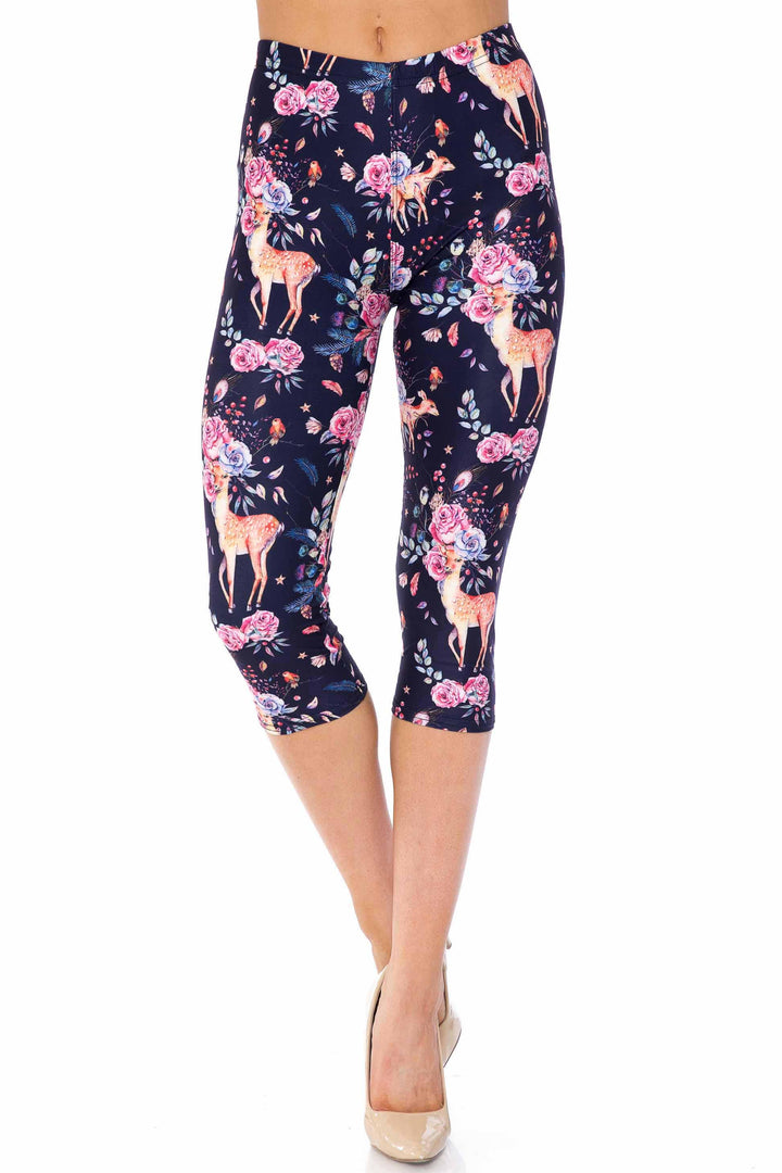 Creamy Soft Plus Size Women's Laser Print Woodland Floral Fawn Luxe Capris - 1XL - 2XL - 3XL