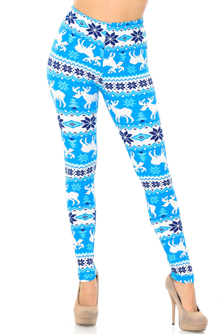 Buttery Soft Icy Blue Christmas Reindeer Plus Size Leggings (One Size Plus,Blue)