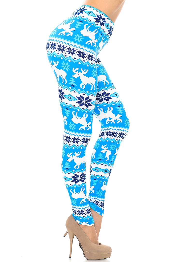 Buttery Soft Icy Blue Christmas Reindeer Plus Size Leggings (One Size Plus,Blue)