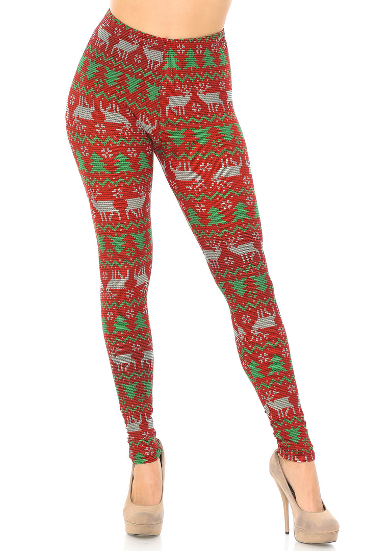 Buttery Soft Faux Knit Reindeer and Holiday Tree Plus Size Leggings (One Size Plus,Burgundy)