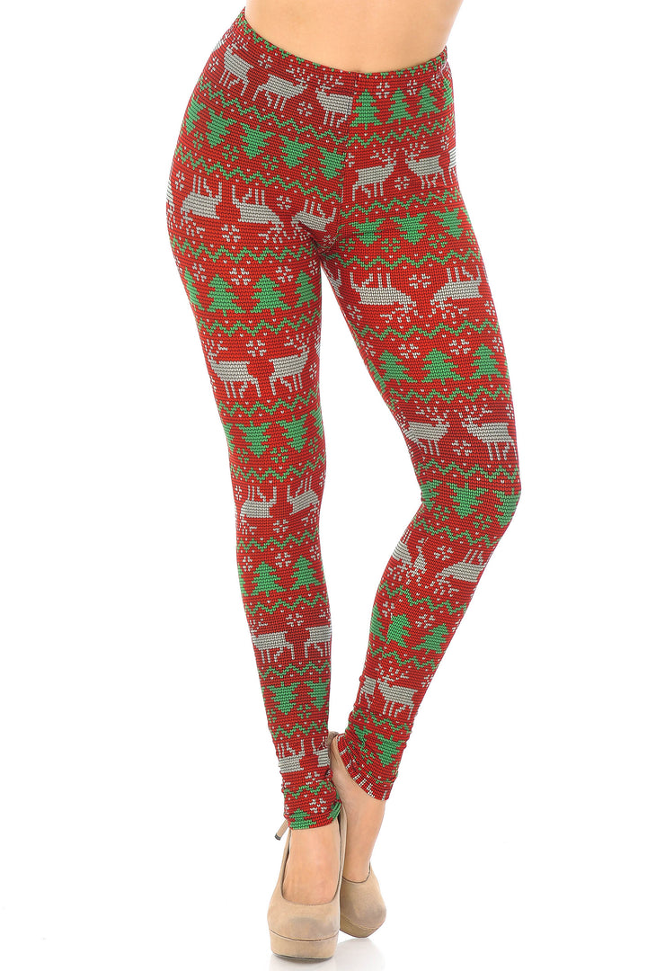 Buttery Soft Faux Knit Reindeer and Holiday Tree Plus Size Leggings (One Size Plus,Burgundy)