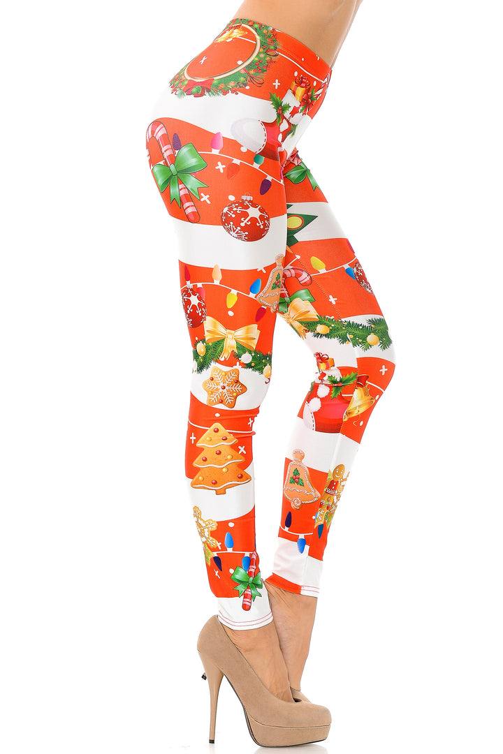 Holiday Festive Red Christmas Garland Wrap Leggings - Plus Size - 1XL 2XL 3XL