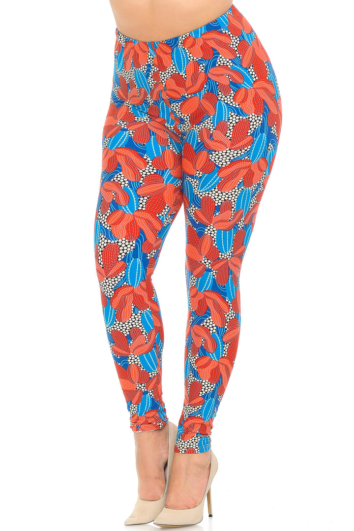 Plus Size - Buttery Soft Red and Blue Cactus Print Leggings