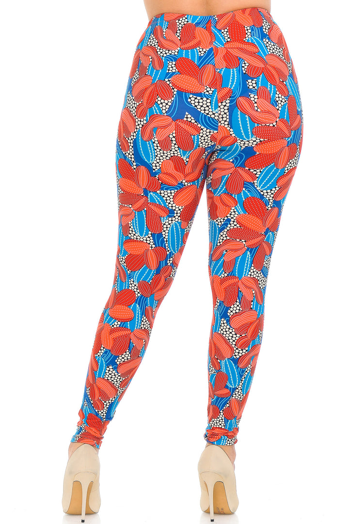 Plus Size - Buttery Soft Red and Blue Cactus Print Leggings