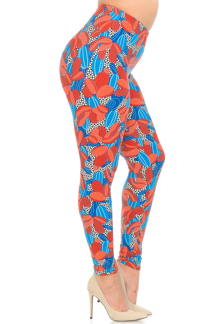 Plus Size - Buttery Soft Red and Blue Cactus Print Leggings